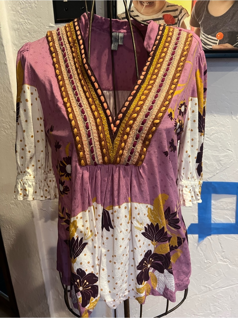 Violet and White Boho V-Neck Embroidered Tunic
